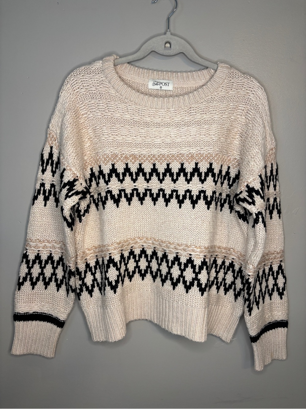 Post Textured Crewneck Sweater in Cream with Black Pattern